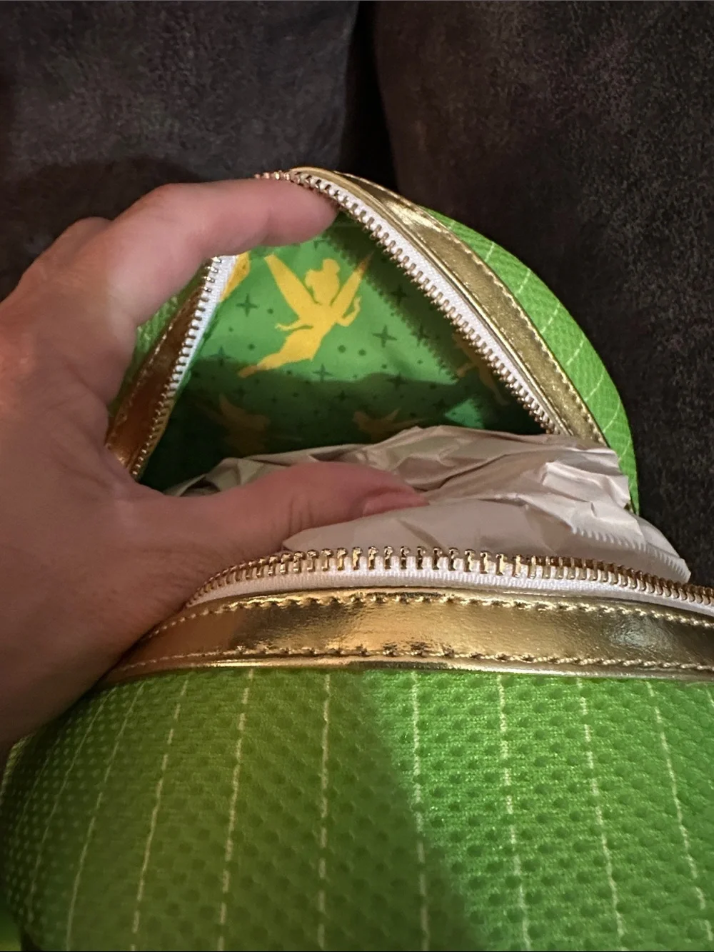 Loungefly Tinker Bell Jersey Bright Green Mini Backpack with Gold Accents